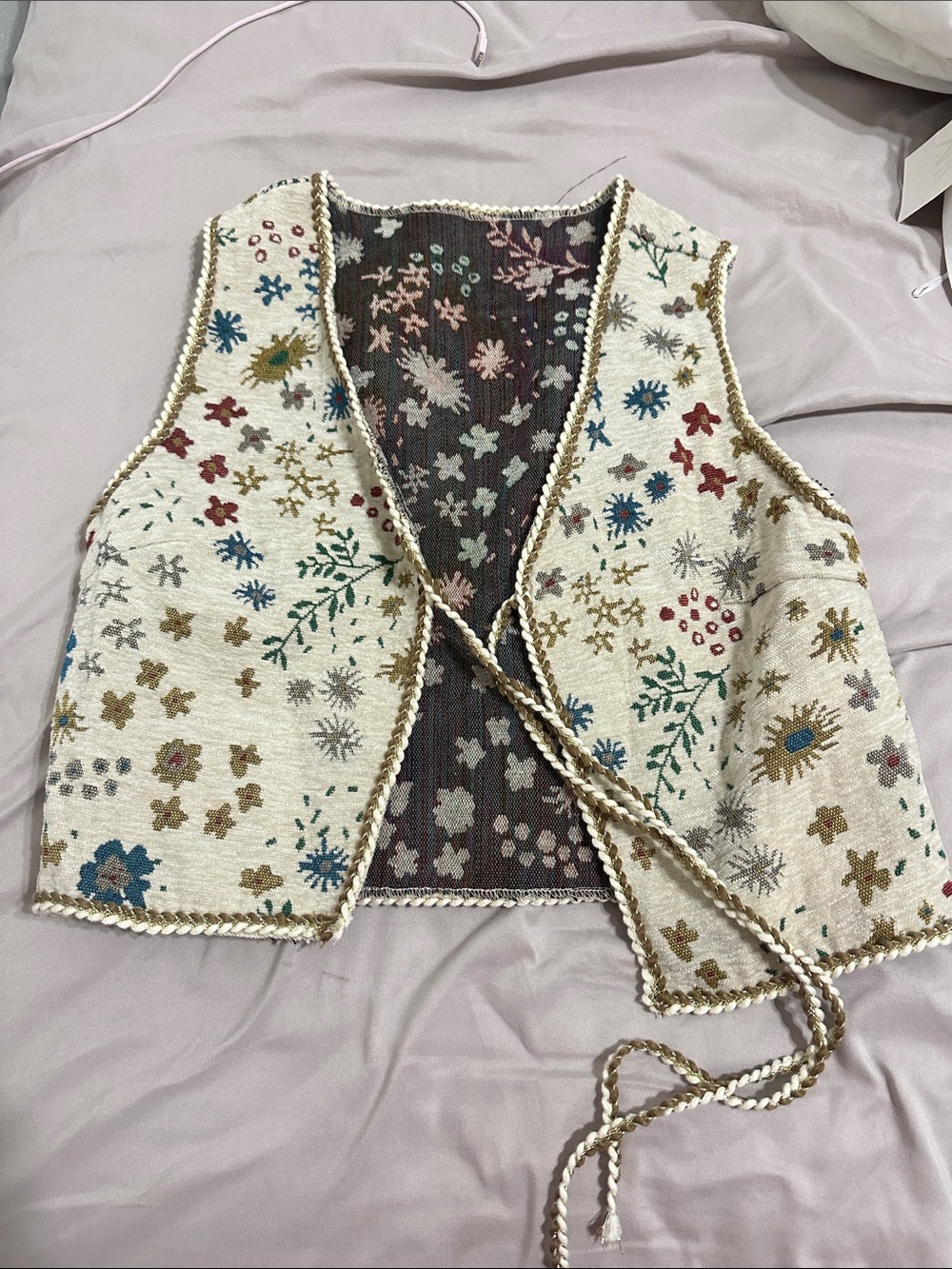 Cream Floral Embroidered Tie-Front Vest